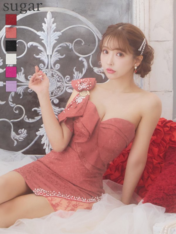 【IRMA/イルマ】リボン/ ワンショル/ ベア/ フリル/ ビジュー/ パール/ タイト/ ミニドレス/ キャバドレス オータムローズ