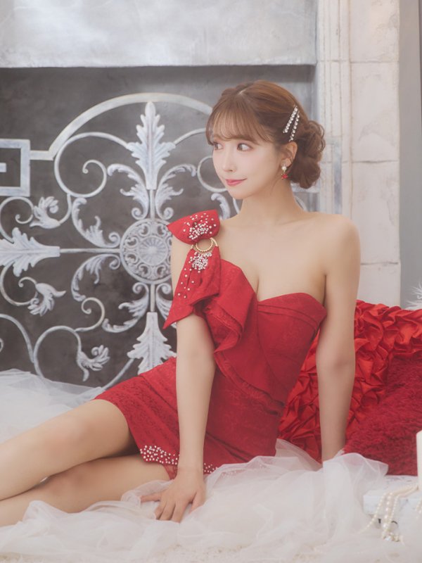 画像6: 【IRMA/イルマ】リボン/ ワンショル/ ベア/ フリル/ ビジュー/ パール/ タイト/ ミニドレス/ キャバドレス【HC02】 (6)