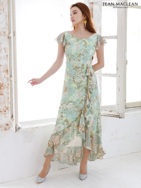 画像2: 【JEAN MACLEAN/ジャンマクレーン】 フラワープリント/ フリル/ ドレープ/ ワンピース/ マキシ丈/ Aライン/ キャバドレス【HC02】 (2)