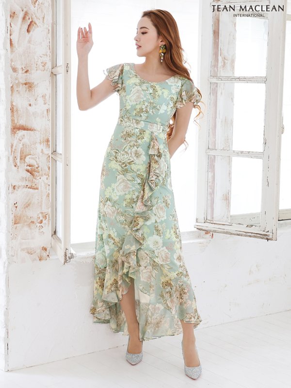 画像3: 【JEAN MACLEAN/ジャンマクレーン】 フラワープリント/ フリル/ ドレープ/ ワンピース/ マキシ丈/ Aライン/ キャバドレス【HC02】 (3)