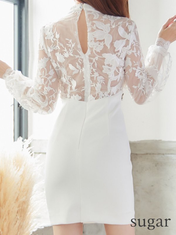 画像9: Lサイズあり☆【IRMA/イルマ】長袖/ 袖あり/ パフスリーブ/ レース/ 刺繍/ カットアウト/ ビジュー/ タイト/ ミニドレス/ キャバドレス【HC02】 (9)