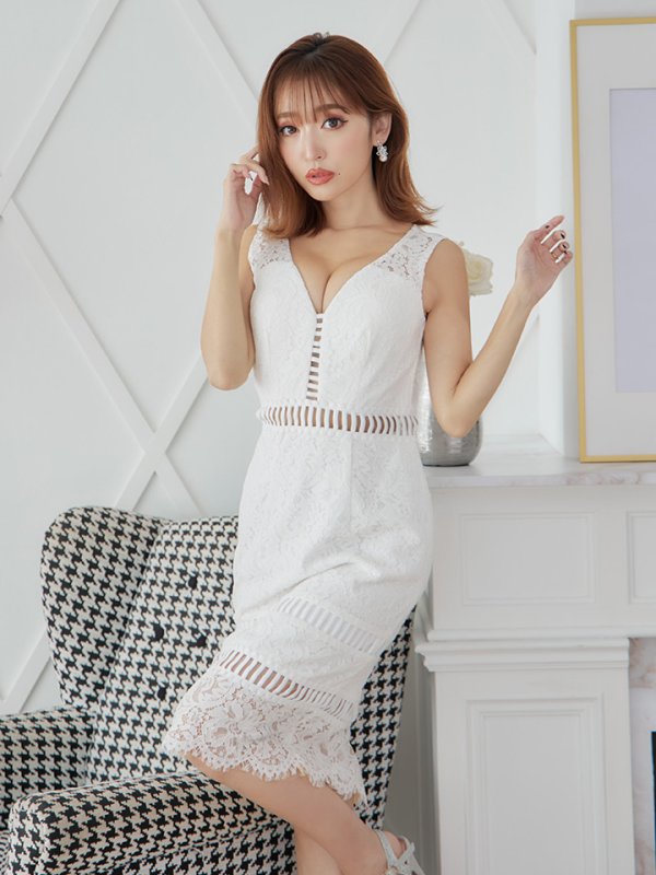 画像2: Lサイズあり【JEAN MACLEAN/ジャンマクレーン】 ワンピース/ 総レース/ Vネック/ ワンカラー/ タイト/ ひざ丈/ ミディアムドレス/キャバドレス【HC02】 (2)