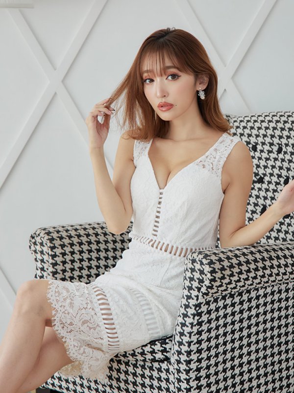 画像5: Lサイズあり【JEAN MACLEAN/ジャンマクレーン】 ワンピース/ 総レース/ Vネック/ ワンカラー/ タイト/ ひざ丈/ ミディアムドレス/キャバドレス【HC02】 (5)