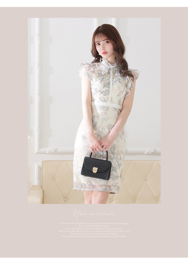 画像2: Lサイズあり【DEA./ディア】フラワーレース / フリル袖/ タイト/ ひざ丈/ ミディアムドレス/ ワンピース/ キャバドレス【OF08】 (2)