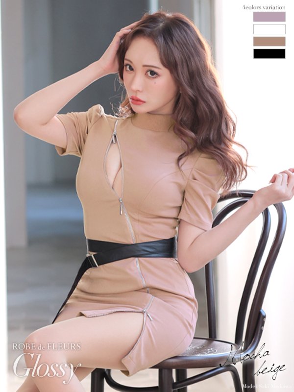 画像1: XSサイズあり【ROBE de FLEURS Glossy/ローブ・ド・フルール グロッシー】バストカット/ ジップ/ ZIP ベルト付き/ 半袖/ パフスリーブ/ タイト/ ミニドレス/ キャバドレス[OF2] (1)