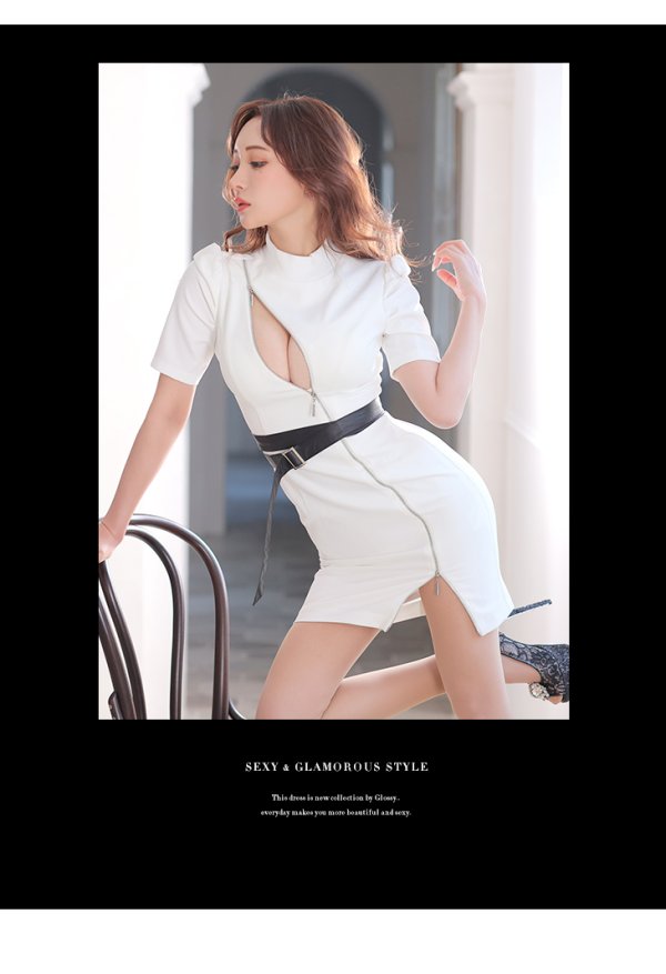 画像2: XSサイズあり【Glossy/グロッシー】バストカット/ ジップ/ ZIP ベルト付き/ 半袖/ パフスリーブ/ タイト/ ミニドレス/ キャバドレス[OF2] (2)