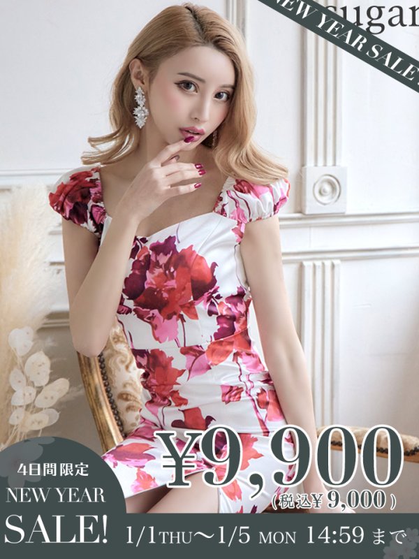 画像1: 【新春セール開催中！! 】XS-Lサイズあり【ERUKEI エルケイ】フラワープリント/ ジップ/ パフスリーブ/ ワンピース/ タイト/ ひざ丈/ ミディアムドレス/ キャバドレス[OF2] (1)