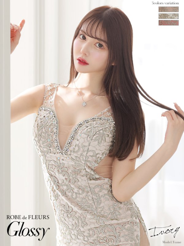 【ROBE de FLEURS Glossy/ローブ・ド・フルール グロッシー】刺繍レース/ バックレース/ ストレッチ/ タイト/ ミニドレス/ キャバドレス アイボリー