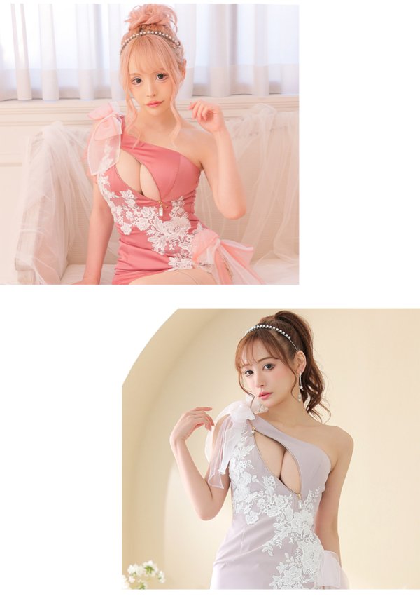 画像5: XSサイズあり【ROBE de FLEURS/ローブドフルール】ジップ / ZIP/ シフォンリボン/ ワンショル/ サイドシアー/ タイト/ レースクリスタルドレス/ ミニドレス/ キャバドレス[OF08] (5)