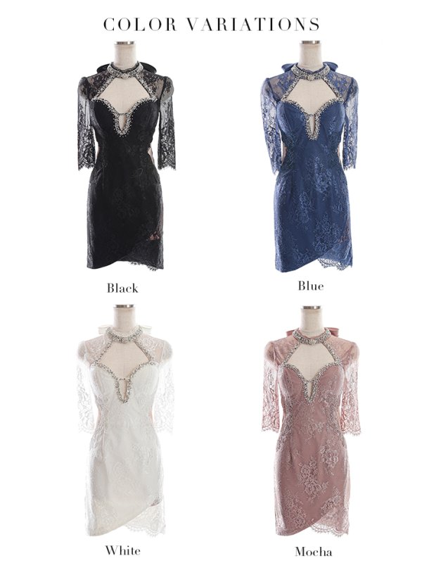 画像19: XSサイズあり【Glossy/グロッシー】アメスリ/ ビジュー/ レース/ サイドシアー/ 七分袖/ 袖あり/ アシメ/ タイト/ ミニドレス/ キャバドレス【HC02】 (19)