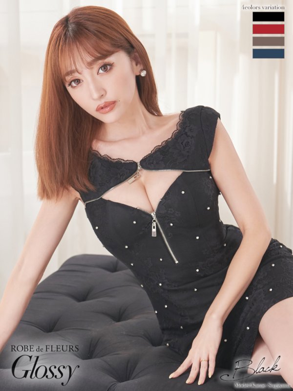 XSサイズあり【ROBE de FLEURS Glossy/ローブ・ド・フルール グロッシー】 ジップ/ ビジュードット/ ストレッチ/ タイト/ ミニドレス/ キャバドレス ブラック