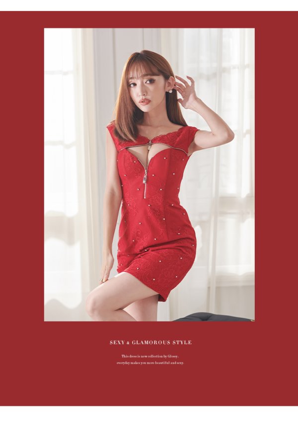 画像4: XSサイズあり【Glossy/グロッシー】 ジップ/ ビジュードット/ ストレッチ/ タイト/ ミニドレス/ キャバドレス【HC02】 (4)