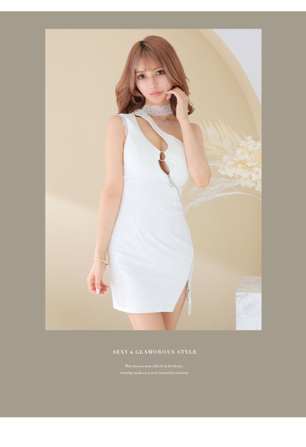 画像4: XS-Lサイズあり【Glossy/グロッシー】ワンショル/ ジップxフープ/ フラワーレース/ アシンメトリー/ タイト/ ミニドレス/ キャバドレス【HC02】 (4)