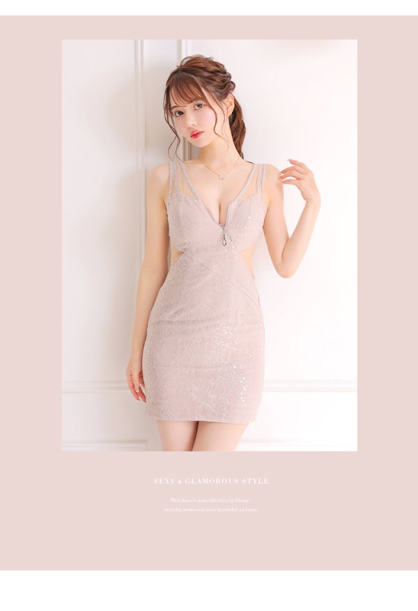 画像5: XSサイズあり☆【Glossy/グロッシー】フロントジップ/ バックチュール/ 総レース/ ノースリーブ/ タイト/ ミニドレス/ キャバドレス【HC02】 (5)