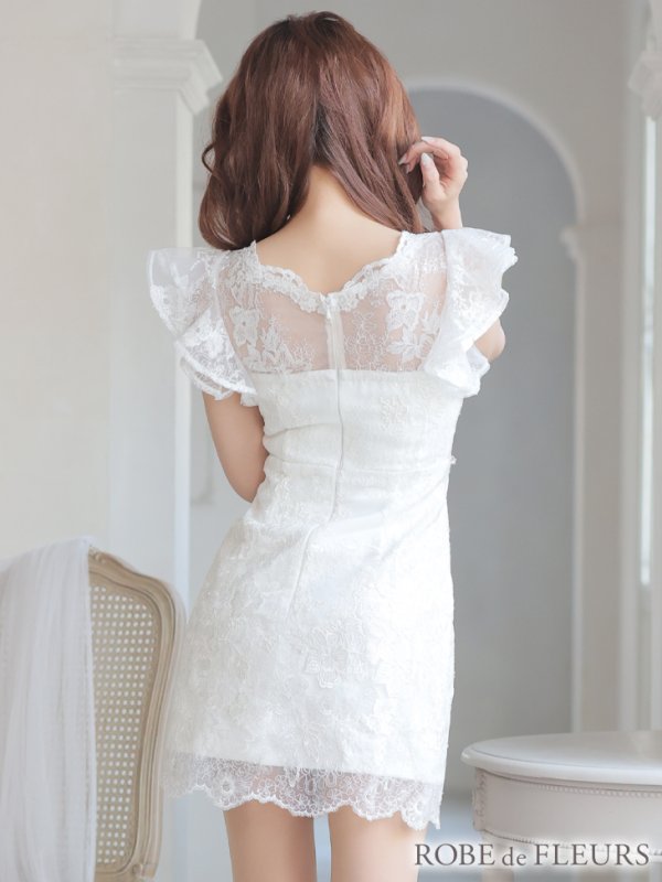 画像9: XS〜Lサイズあり【ROBE de FLEURS/ローブドフルール】ウエストビジュー/ シースルーレース/ フリルスリーブ/ 台形スカート/ ミニドレス/ キャバドレス[OF08] (9)