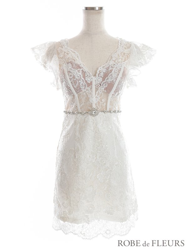 画像12: XS?Lサイズあり【ROBE de FLEURS/ローブドフルール】ウエストビジュー/ シースルーレース/ フリルスリーブ/ 台形スカート/ ミニドレス/ キャバドレス ピンク[OF08] (12)