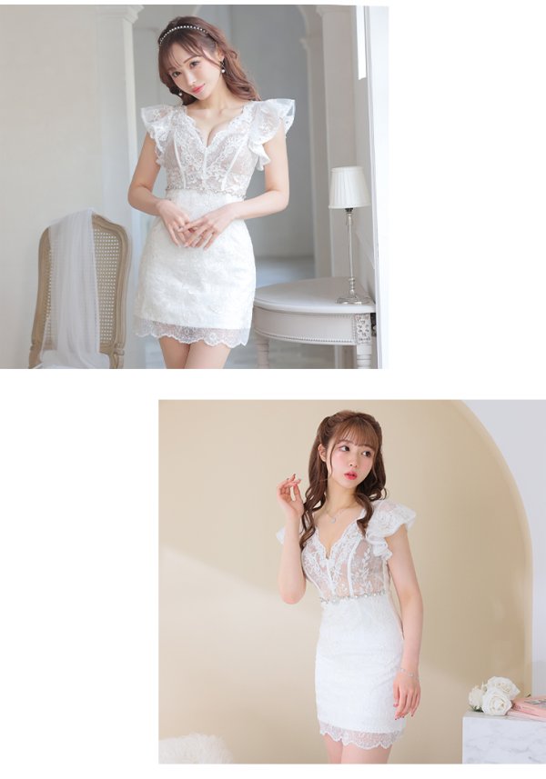 画像4: XS〜Lサイズあり【ROBE de FLEURS/ローブドフルール】ウエストビジュー/ シースルーレース/ フリルスリーブ/ 台形スカート/ ミニドレス/ キャバドレス[OF08] (4)