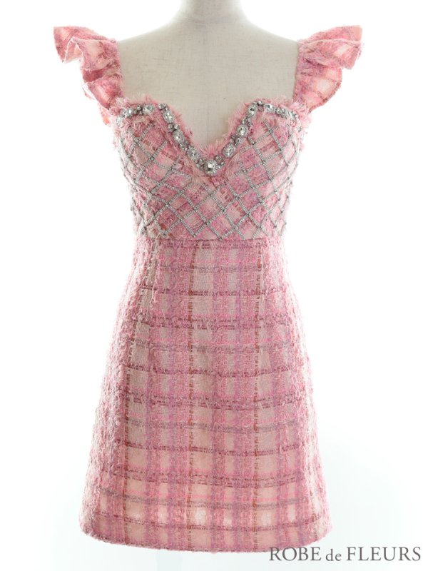 画像12: XSサイズあり【ROBE de FLEURS/ローブドフルール】ラメツイード/ 大粒ビジュー/ フリル/ タイト/ ミニドレス/ キャバドレス[OF08] (12)