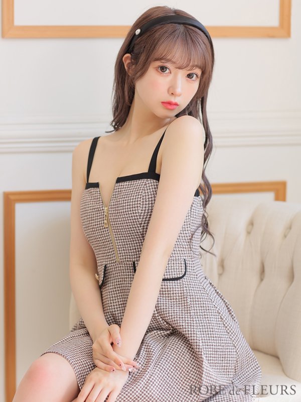 画像4: XSサイズあり【ROBE de FLEURS/ローブドフルール】ツイード/ ジップ/ リボンチョーカー/ キャミソール/ フレア/ ミニドレス/ キャバドレス[OF08] (4)