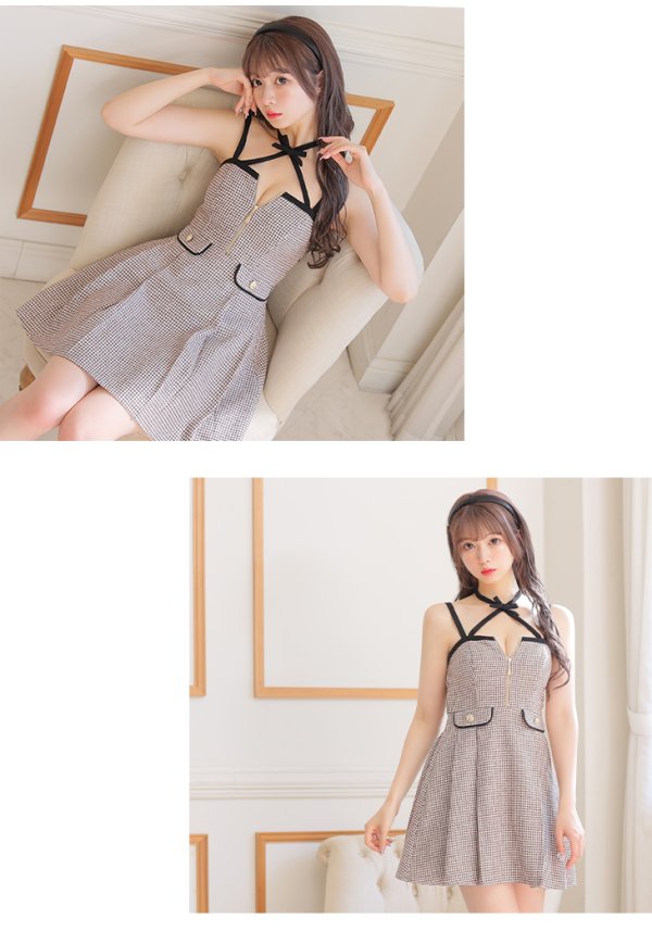 画像9: XSサイズあり【ROBE de FLEURS/ローブドフルール】ツイード/ ジップ/ リボンチョーカー/ キャミソール/ フレア/ ミニドレス/ キャバドレス[OF08] (9)