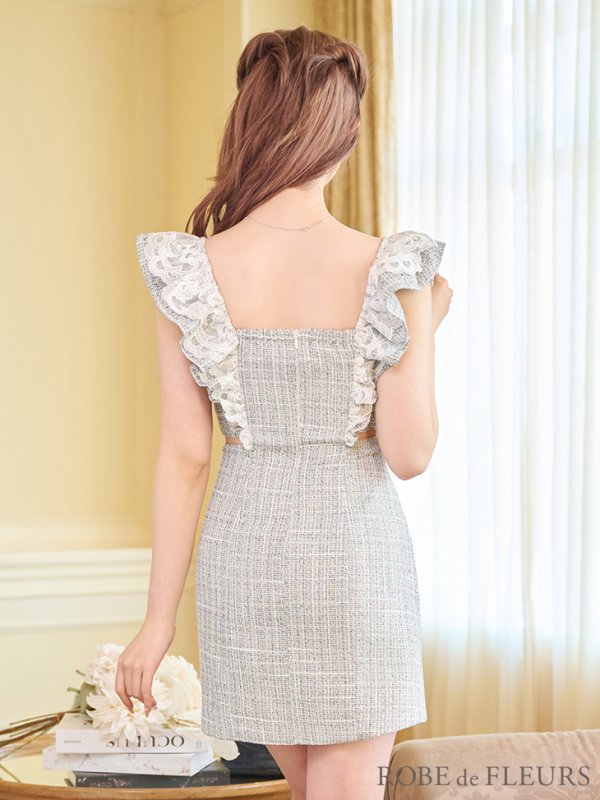画像5: XSサイズあり【ROBE de FLEURS/ローブドフルール】ラメツイード/ レースフリル袖/ ウエストカット/ スリット/ ハートカット/ タイト/ ミニドレス/ キャバドレス[OF08] (5)