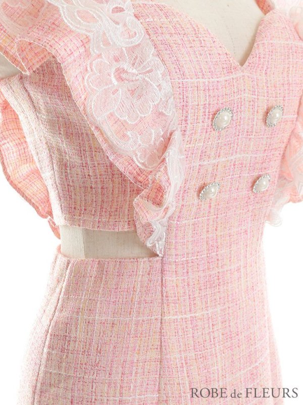 画像11: XSサイズあり【ROBE de FLEURS/ローブドフルール】ラメツイード/ レースフリル袖/ ウエストカット/ スリット/ ハートカット/ タイト/ ミニドレス/ キャバドレス[OF08] (11)