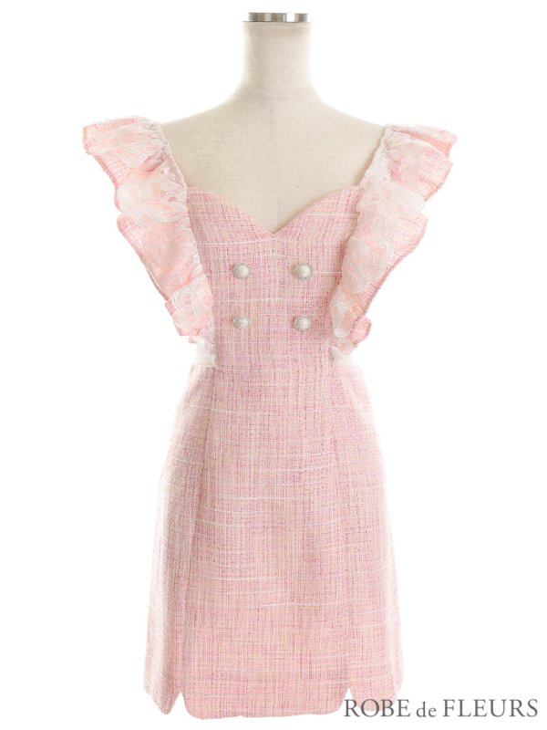 画像9: XSサイズあり【ROBE de FLEURS/ローブドフルール】ラメツイード/ レースフリル袖/ ウエストカット/ スリット/ ハートカット/ タイト/ ミニドレス/ キャバドレス[OF08] (9)