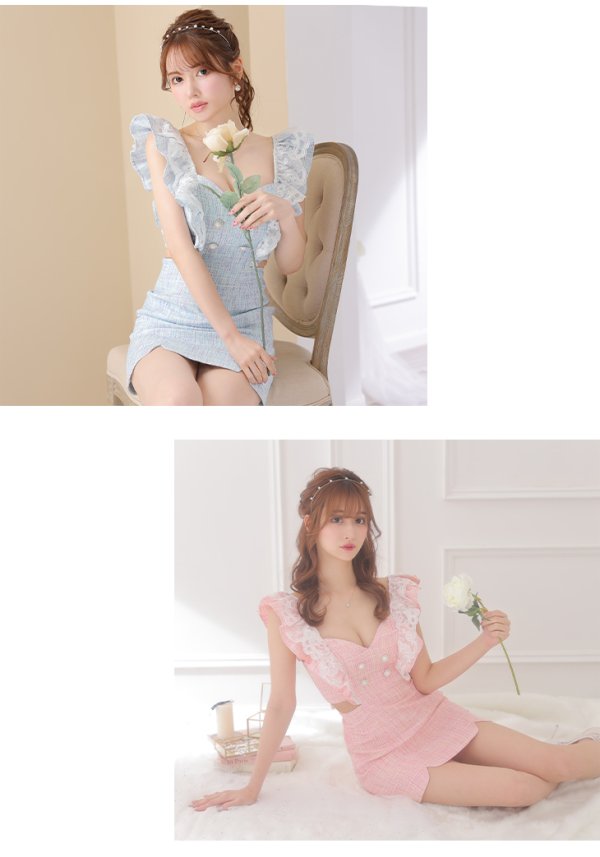 画像6: XSサイズあり【ROBE de FLEURS/ローブドフルール】ラメツイード/ レースフリル袖/ ウエストカット/ スリット/ ハートカット/ タイト/ ミニドレス/ キャバドレス[OF08] (6)