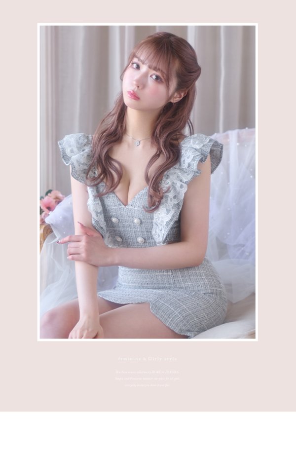 画像7: XSサイズあり【ROBE de FLEURS/ローブドフルール】ラメツイード/ レースフリル袖/ ウエストカット/ スリット/ ハートカット/ タイト/ ミニドレス/ キャバドレス[OF08] (7)