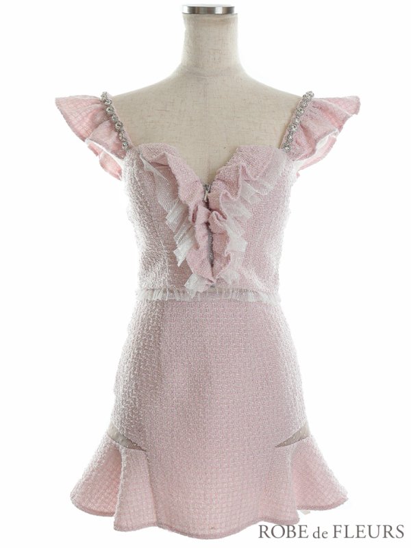 画像14: XSサイズあり【ROBE de FLEURS/ローブドフルール】スプリングツイード/ パール/ フリル/ セットアップ/ ミニドレス/ キャバドレス[OF08] (14)