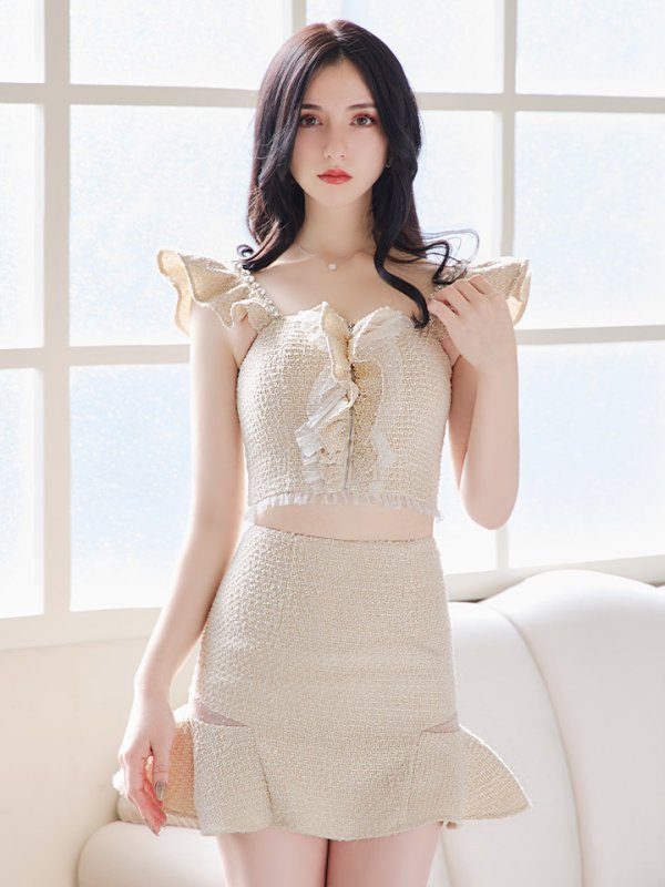 画像16: XSサイズあり【ROBE de FLEURS/ローブドフルール】スプリングツイード/ パール/ フリル/ セットアップ/ ミニドレス/ キャバドレス[OF08] (16)