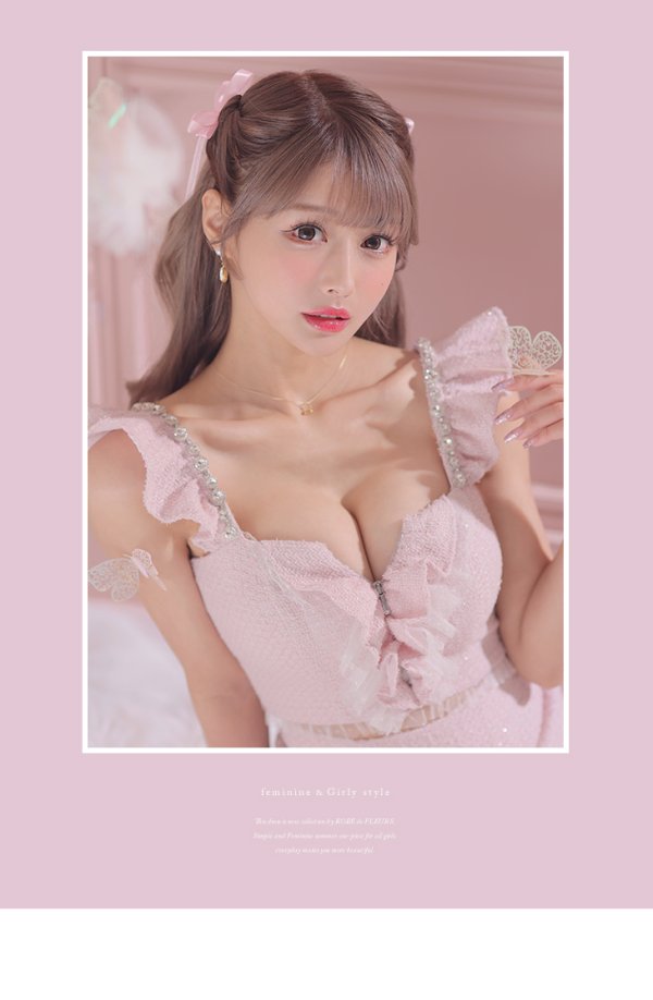 画像9: XSサイズあり【ROBE de FLEURS/ローブドフルール】スプリングツイード/ パール/ フリル/ セットアップ/ ミニドレス/ キャバドレス[OF08] (9)