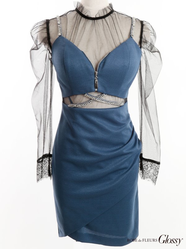 画像4: XSサイズあり【Glossy/グロッシー】チュールスリーブ/ 袖あり/ 長袖/ ストレッチ/ タイト/ ミニドレス/ キャバドレス【OF08】 (4)