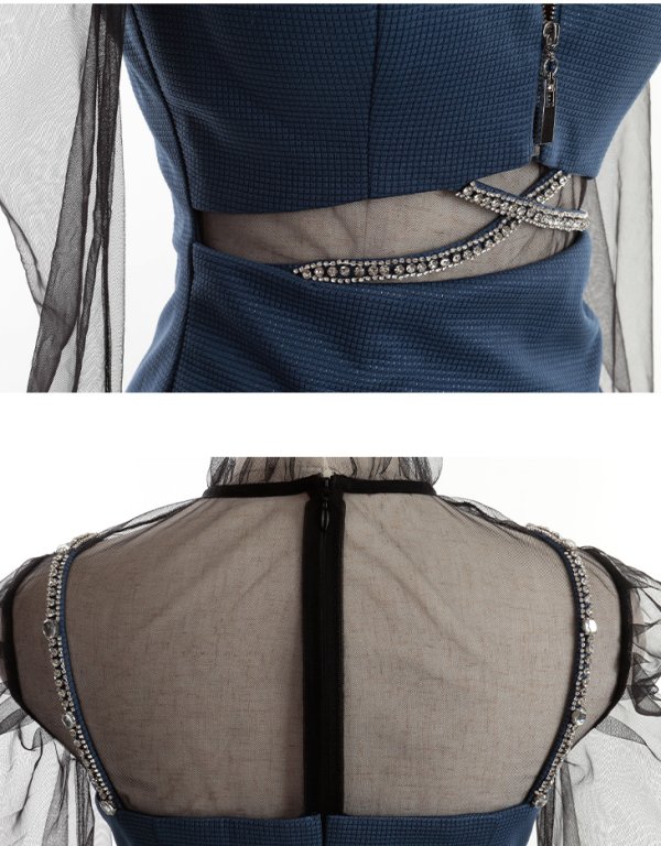 画像6: XSサイズあり【Glossy/グロッシー】チュールスリーブ/ 袖あり/ 長袖/ ストレッチ/ タイト/ ミニドレス/ キャバドレス【OF08】 (6)