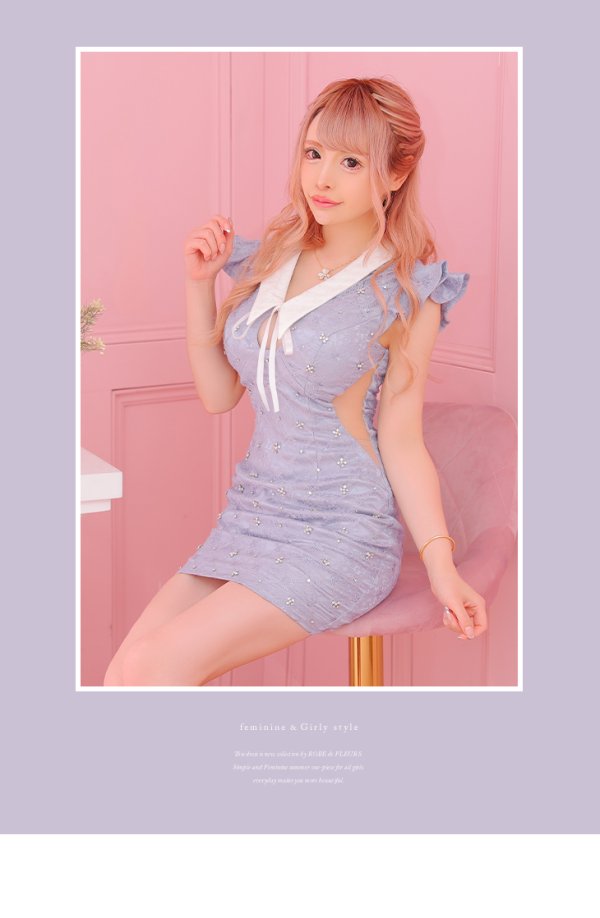 画像2: XSサイズあり【ROBE de FLEURS/ローブドフルール】リボン/ 襟付き/ フリル/ サイドシアー/ ビジュー/ タイト/ ミニドレス/ キャバドレス[OF08] (2)
