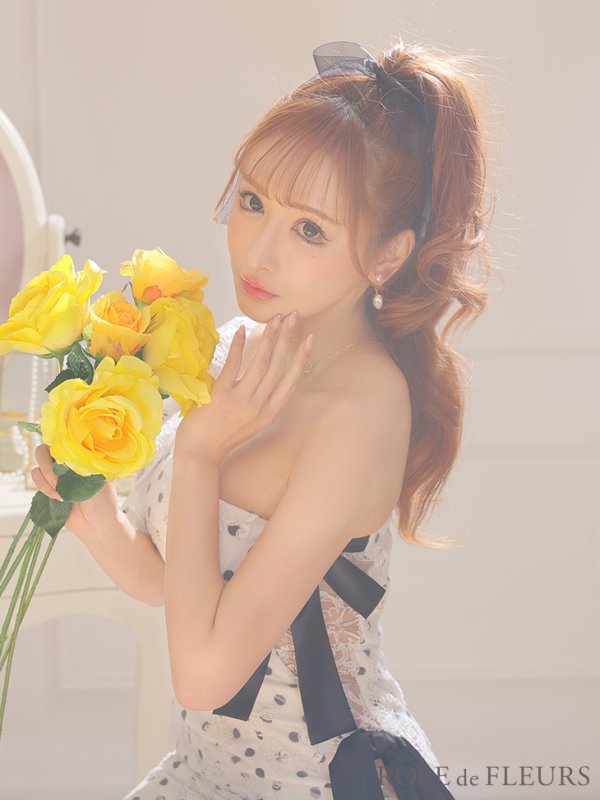 画像10: 【ROBE de FLEURS/ローブドフルール】ドットレース/ マーメイド/ リボン/ アシンメトリー/ タイト/ ひざ丈/ ミディアムドレス/ キャバドレス[OF08] (10)