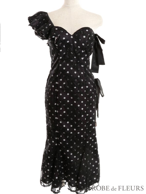 画像11: 【ROBE de FLEURS/ローブドフルール】ドットレース/ マーメイド/ リボン/ アシンメトリー/ タイト/ ひざ丈/ ミディアムドレス/ キャバドレス[OF08] (11)