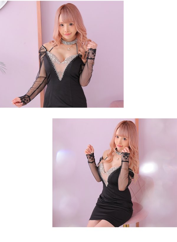 画像2: 【Glossy/グロッシー】アメスリ/ ビジューホルター/ レース/ チュールスリーブ/ 長袖/ 袖あり/ タイト/ ミニドレス/ キャバドレス【HC02】 (2)