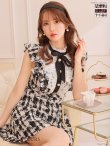 XSサイズあり【ROBE de FLEURS/ローブドフルール】クラシカルリボン/ ラメツイード/ フレア/ ミニドレス/ キャバドレス/ブラックxホワイト