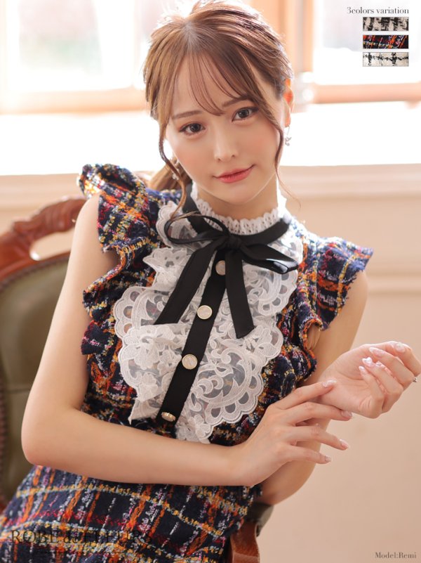 XSサイズあり【ROBE de FLEURS/ローブドフルール】クラシカルリボン/ ラメツイード/ フレア/ ミニドレス/ キャバドレス/ネイビー