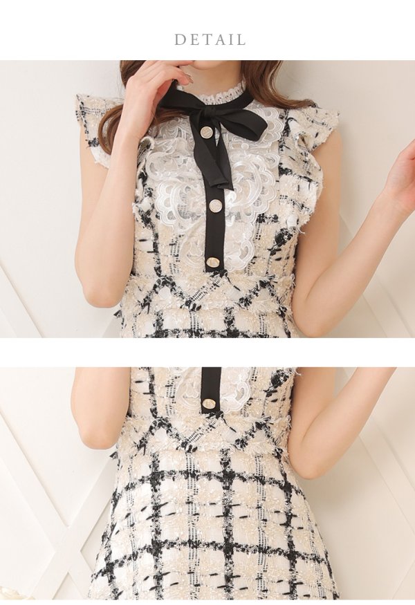 画像13: XSサイズあり【ROBE de FLEURS/ローブドフルール】クラシカルリボン/ ラメツイード/ フレア/ ミニドレス/ キャバドレス[OF08] (13)