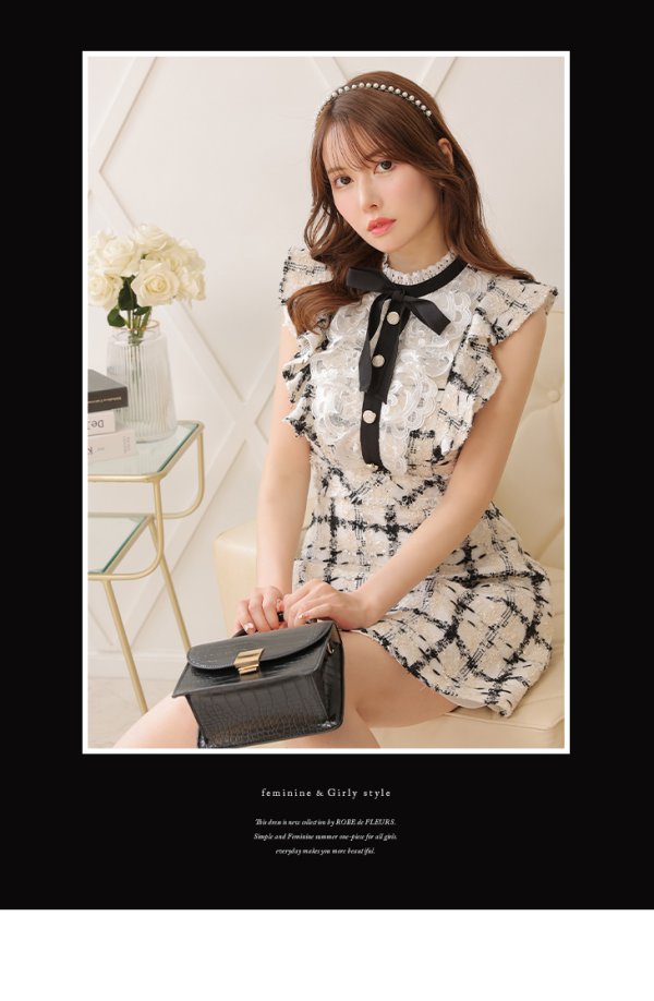 画像5: XSサイズあり【ROBE de FLEURS/ローブドフルール】クラシカルリボン/ ラメツイード/ フレア/ ミニドレス/ キャバドレス[OF08] (5)