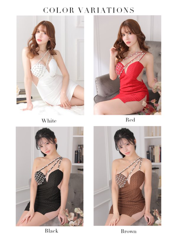 画像8: 【Glossy/グロッシー】ワンショルダー/ アシンメトリー/ ビジュー/ ストレッチ/ シアー/ タイト/ ミニドレス/ キャバドレス【OF08】 (8)