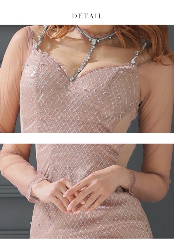 画像7: XSサイズあり【Glossy/グロッシー】ビジューチョーカー/ 長袖/ 袖あり/ ダイヤチュール/ バックリボン/ タイト/ ミニドレス/ キャバドレス【OF08】 (7)