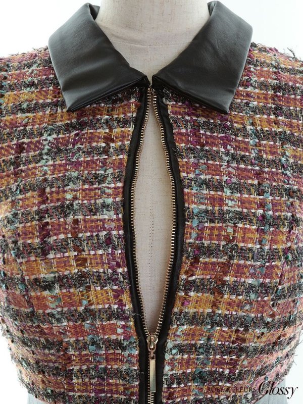 画像11: XS-Lサイズあり☆【Glossy/グロッシー】襟フロントジップ/ ツイード/ ハイウエスト/ レザー/ タイト/ ミニドレス/ キャバドレス【OF08】 (11)