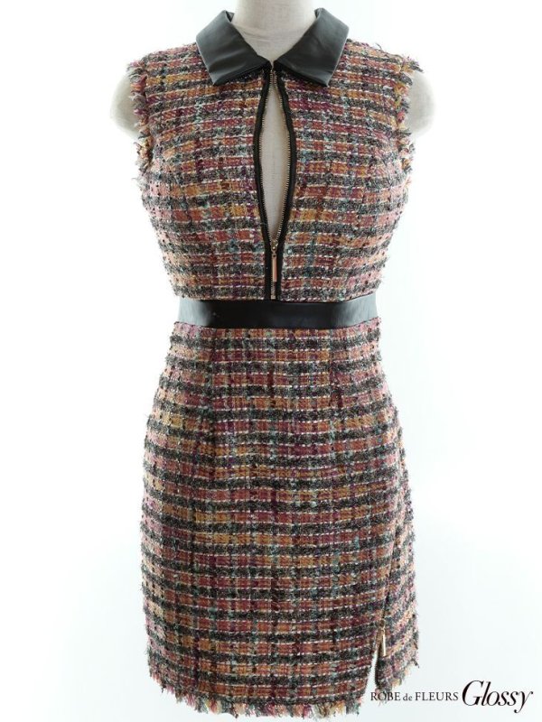 画像14: XS-Lサイズあり☆【Glossy/グロッシー】襟フロントジップ/ ツイード/ ハイウエスト/ レザー/ タイト/ ミニドレス/ キャバドレス【OF08】 (14)