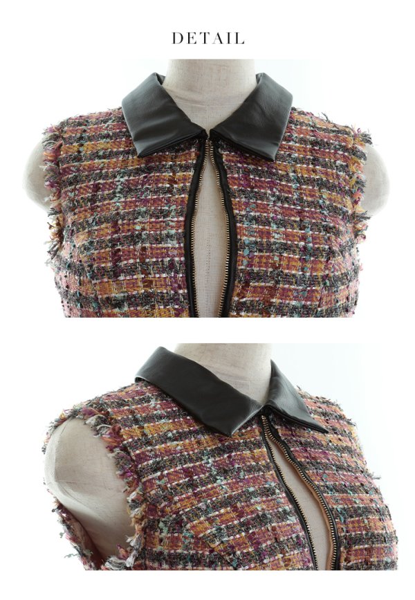 画像15: XS-Lサイズあり☆【Glossy/グロッシー】襟フロントジップ/ ツイード/ ハイウエスト/ レザー/ タイト/ ミニドレス/ キャバドレス【OF08】 (15)