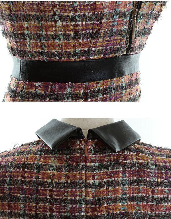 画像16: XS-Lサイズあり☆【Glossy/グロッシー】襟フロントジップ/ ツイード/ ハイウエスト/ レザー/ タイト/ ミニドレス/ キャバドレス【OF08】 (16)