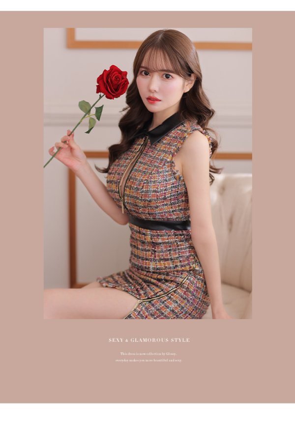 画像8: XS-Lサイズあり☆【Glossy/グロッシー】襟フロントジップ/ ツイード/ ハイウエスト/ レザー/ タイト/ ミニドレス/ キャバドレス【OF08】 (8)