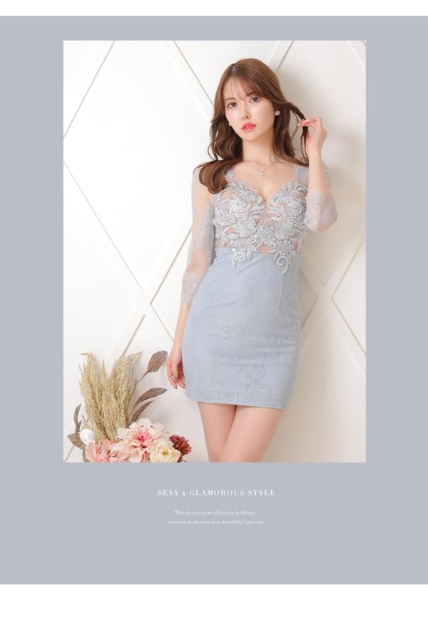 画像5: XS?Lサイズあり【Glossy/グロッシー】レース/ 七分袖/ 長袖/ 袖あり/ フラワーモチーフ/ タイト/ ミニドレス/ キャバドレス【HC02】 (5)